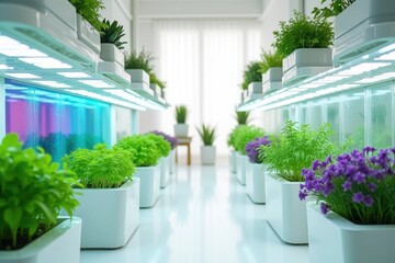 Fototapeta premium Modern Indoor Hydroponic Garden with Rows of Green and Purple Plants