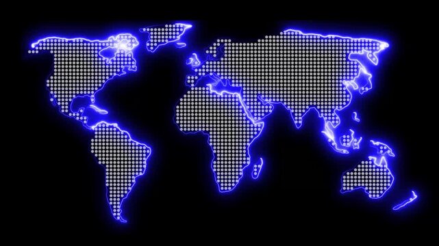Dynamic neon world map animation for global business expansion and futuristic technology ideas. Digital Technology World Map Animation. Glowing Connections in Global Blue World Map