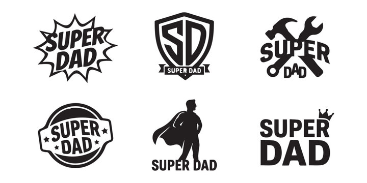 Super Dad Badge Collection with Silhouette and Emblem Designs on White Background