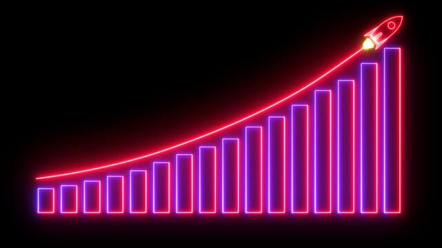 Neon Arrow Rising Graph With rocket Sale Symbols. Abstract business growth, Business growth concept in graph chart showing marketing sales profit increasing to future target, 4k animation video