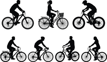 Obraz premium Black Silhouette Icon Set of People Riding Bicycles Including Mountain Bikes City Cruisers and Road Cyclists Isolated on White Background