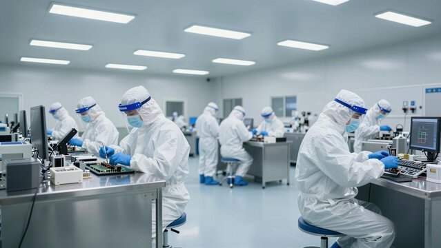 Scientists in protective gear work with circuit boards in a high-tech semiconductor lab under cool blue lighting.