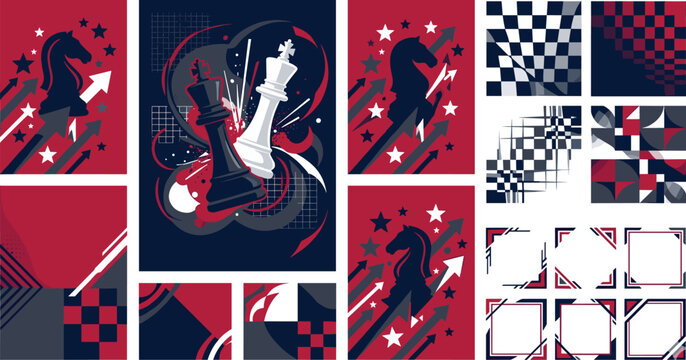 Abstract Chess Game Poster Template Set with Geometric Backgrounds, Decorative Frames, King, and Knight Pieces for Tournament Banners and Brochure Designs