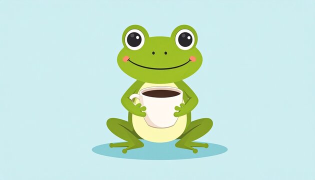 Cute Green Frog Enjoying a Cup of Coffee Illustration.