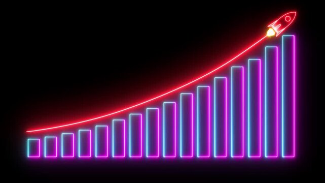 Neon Arrow Rising Graph With rocket Sale Symbols. Abstract business growth, Business growth concept in graph chart showing marketing sales profit increasing to future target, 4k animation video