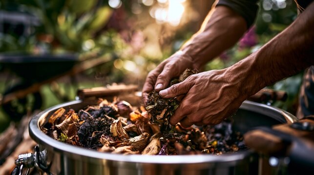 Focused hands placing compostable materials into a stainless steel pyrolysis drum with a dimly blurred wheelbarrow and lush garden in the background emphasizing ecofriendly waste