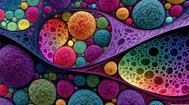 microscopic cell surface with colorful viral structures, colorful bacteria and virus visualization on abstract cellular landscape, microbiology background with vibrant microscopic organisms