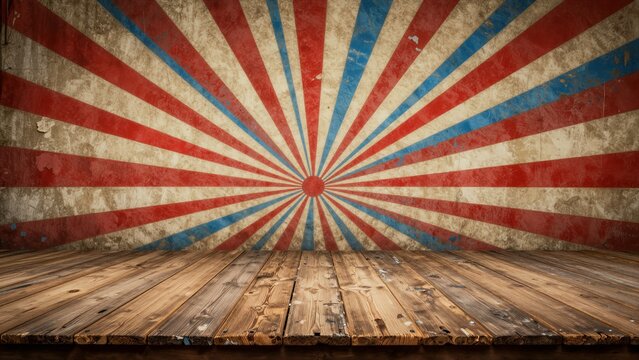 Empty wooden stage with weathered planks and a vibrant red, white, and blue radial pattern on the wall behind. The scene evokes nostalgia for old circuses.