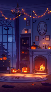 ハロウィーンらしい怪しくかわいい室内背景イラスト。かぼちゃ飾り、幽霊、こうもり、キャンドル、月夜、窓辺、ガーランド、家具、インテリア、秋のイベント、配信背景、動画用背景、待機画面、壁紙、サムネイル、背景素材、季節素材、装飾、パーティー演出、ファンタジー、物語を感じる世界観の高品質イラスト。ゲーム配信、雑談配信、イベント告知にも最適。ライブ配信、動画制作、季節演出にも便利。季節感あふれる人気テーマ。
