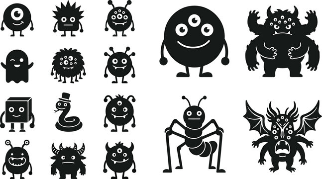 Cute Monster Silhouette Icon Set Featuring Funny Aliens Ghosts Demons and Spooky Creatures Isolated on White Background