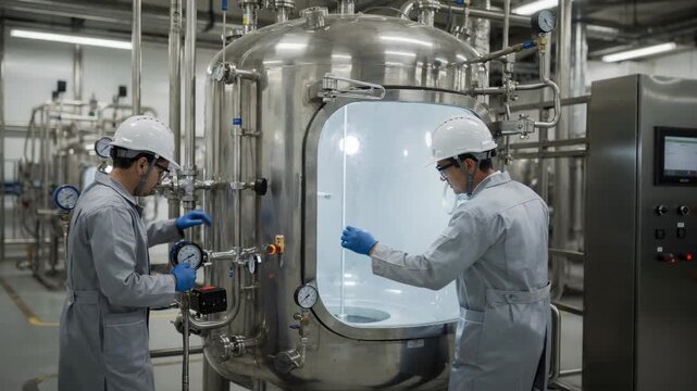Medium shot of a glasslined polymerization reactor being inspected by engineers highlighting the corrosionresistant interior and control panel adjustments