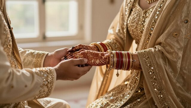Close-up of a bride and groom holding hands during an Indian wedding ceremony.