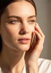 Fototapeta premium Side profile portrait of a woman looking away into the light, touching her face with soft morning or evening sun on her skin