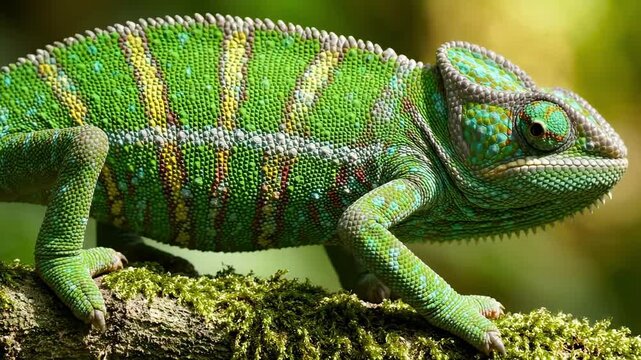 Green chameleon with turquoise accents on mossy branch