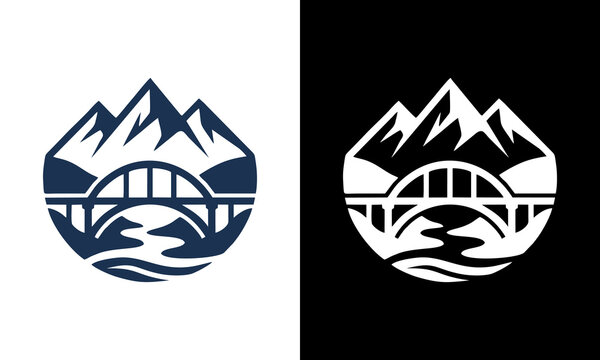 Vector logo design showcasing a serene mountain landscape with a gracefully arched bridge spanning a flowing river, symbolizing adventure, travel, and connection in a modern, minimalist style