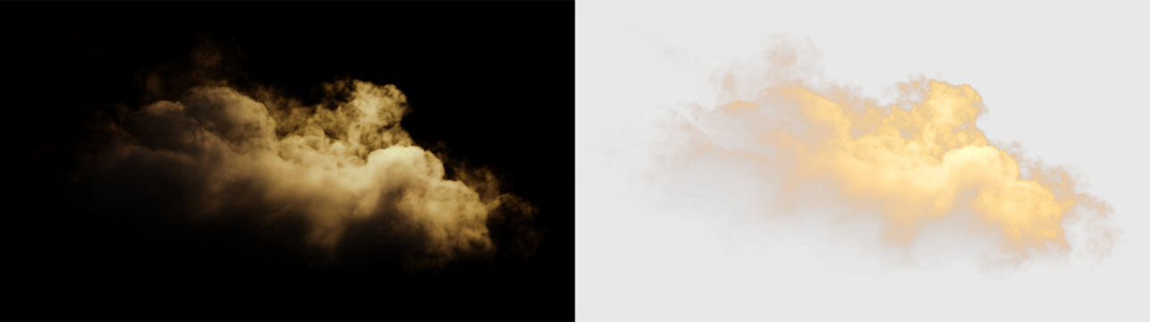 Cloud with yellow tones isolated on transparent background in daylight setting, PNG with a light overlay