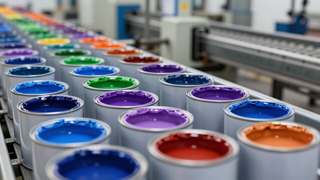 Rows of open paint cans filled with vibrant colors on a manufacturing conveyor belt.