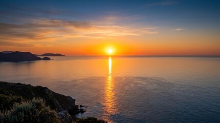 Fototapeta premium Golden Sunset Over Calm Ocean with Island Silhouette.