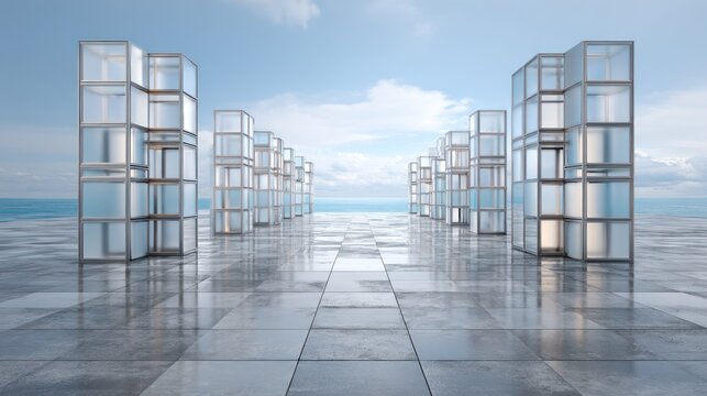 Symmetrical glass and metal cuboid structures stand arrayed upon a reflective waterfront plaza beneath a bright sky