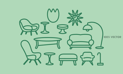 Fototapeta premium Vector outline icons of mid-century modern furniture