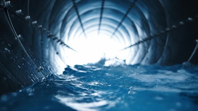 Blue water rushing through a metallic industrial pipe towards bright light