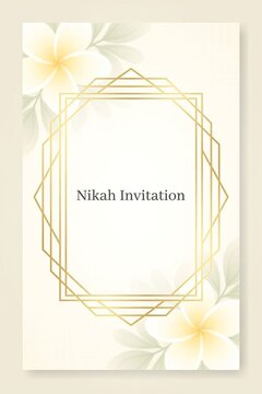 Nikah invitation card template with elegant gold geometric frame and soft white frangipani flowers