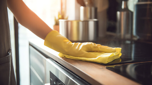 A person wearing yellow gloves cleans a kitchen countertop with a cloth, emphasizing cleanliness and home care.