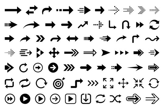Big arrow icon set with black navigation pointers, cursor symbols. Black vector arrows icons.