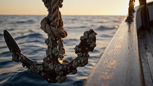 Rusty anchor with barnacles hanging from a wooden boat at sunset over the ocean