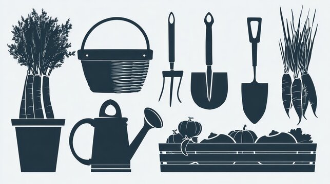 Assortment of dark blue silhouette illustrations depicting various gardening tools and freshly harvested produce items