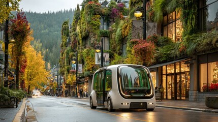 Obraz premium Futuristic, self-driving vehicle glides down a vibrant street, flanked by buildings covered in lush greenery. Autumn foliage adds color