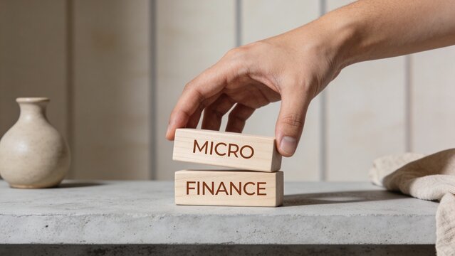 A hand places wooden blocks labeled micro and finance on a table indoors.