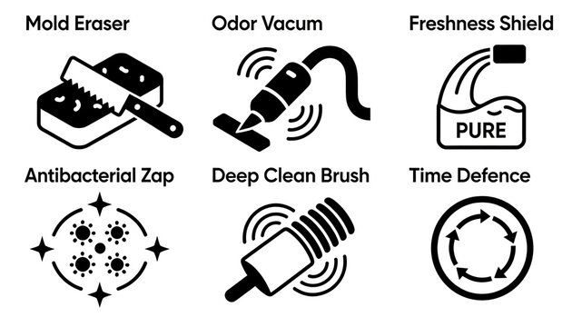 Mold remover, deep cleaning brush, and refreshing shield icon represent the long-lasting refreshing function of deep cleaning, suitable for cleaning tools and home care products.
