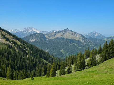 Germany, Grand Alpine View Toward Aggenstein And Endless Mountain Chains Across Sunlit Valleys And Forests