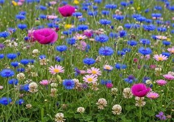 Obraz premium Beautiful meadow with colorful wildflowers including blue cornflowers and pink poppies in a sunny spring field
