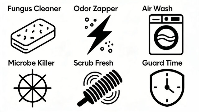 Fungal cleaning wipes, deodorizing lightning, and air wash icons represent efficient sterilization and air cleaning functions, suitable for promoting washing machines and cleaning products.
