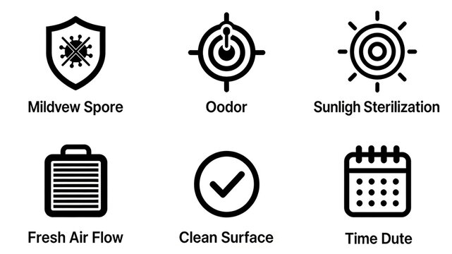 The antibacterial shield, deodorizing knob, and sunlight sterilization icon represent the anti mold, deodorizing, and cleaning characteristics, suitable for promoting home disinfection products 