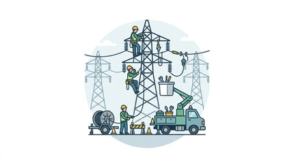 Fototapeta premium Electricity Workers Maintaining High Voltage Power Lines.