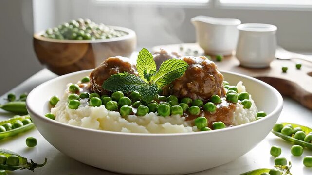 Savory meatballs with gravy and green peas over creamy mashed potatoes in a white bowl