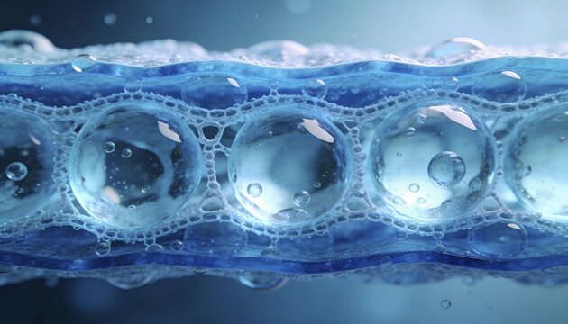 Blue hydrogel cross section showing moisture locking layers for advanced skincare hydration and cosmetic science
