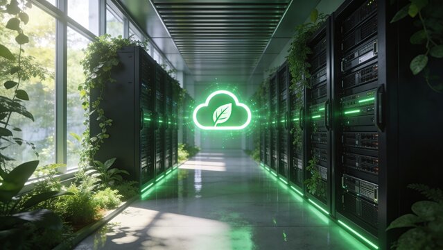 A futuristic server room with a green cloud logo and lush greenery surrounds the sleek black servers in a modern indoor setting.