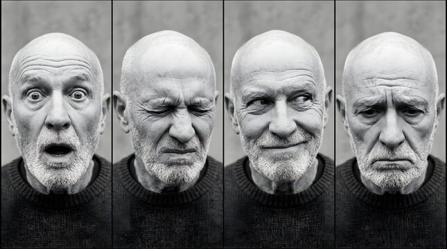 Black and white portrait collage of a bald senior man showing different facial expressions, emotional sequence of an elderly male face with surprise, anger and sadness in studio close-up

