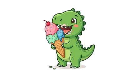 Fototapeta premium Cute cartoon dinosaur enjoying a delicious ice cream cone.