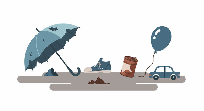 A desolate scene with a broken umbrella, a lone shoe, a rusty can, a balloon, and a tiny car
