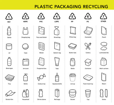 Separating plastic waste icons collection. Vector elements are made with high contrast, well suited to different scales and on different media. Ready for use in your design. EPS10.