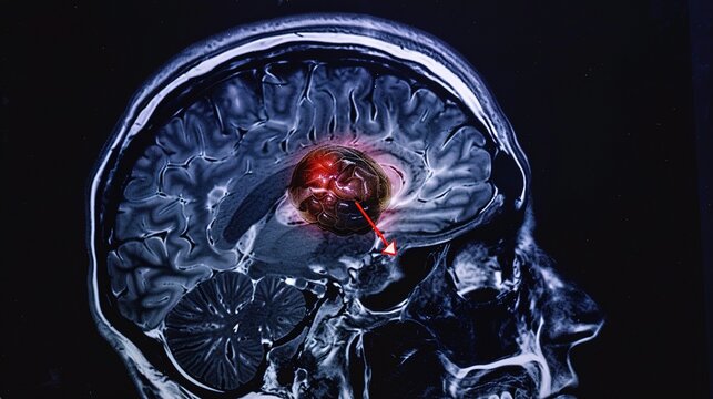 Glioma: Primary intracranial malignant brain tumor with MRI diagnosis, neurosurgery and combined chemoradiotherapy for neuro-oncology clinical study and medical popular science illustration