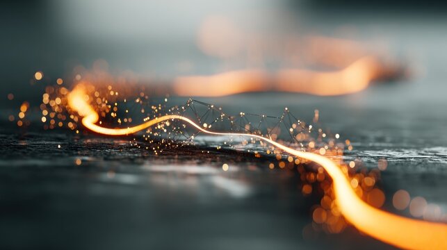 Glowing orange energy stream flows across a dark, textured surface with scattered sparks and geometric connections.