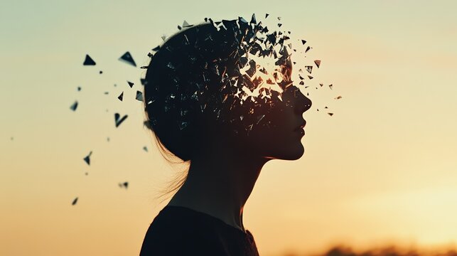 Silhouette of a woman with her head exploding into fragments at sunset, symbolizing burnout, stress, mental health issues, information overload, and the fragility of the human mind