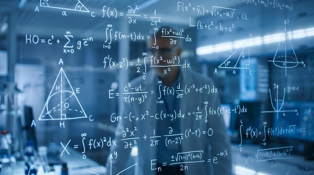 Mathematical formulas and physics equations on glass wall in research lab with blurred scientist background