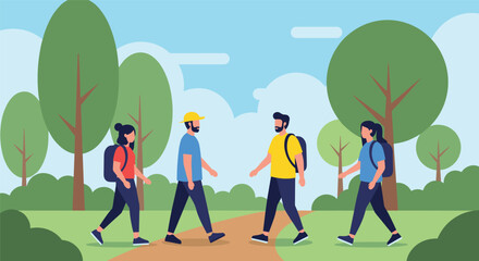 Fototapeta premium Group of active hikers with backpacks walking along a trail through a sunny park filled with tall green trees and blue sky.